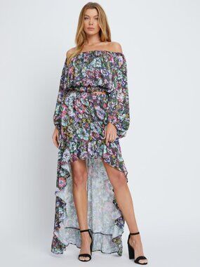 Floral 2 Piece Set Off Shoulder Top and High Low Skirt